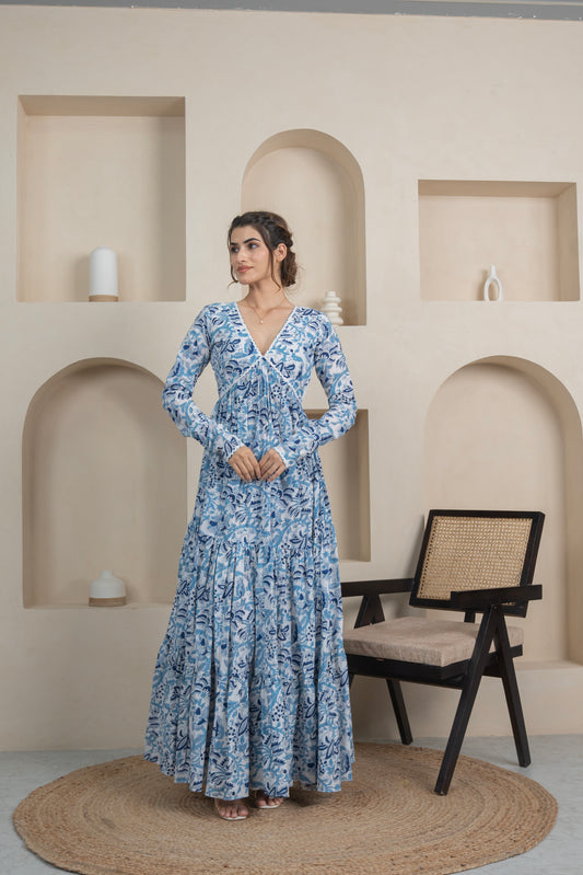 Blue Floral Aaliya Long Tier Dress