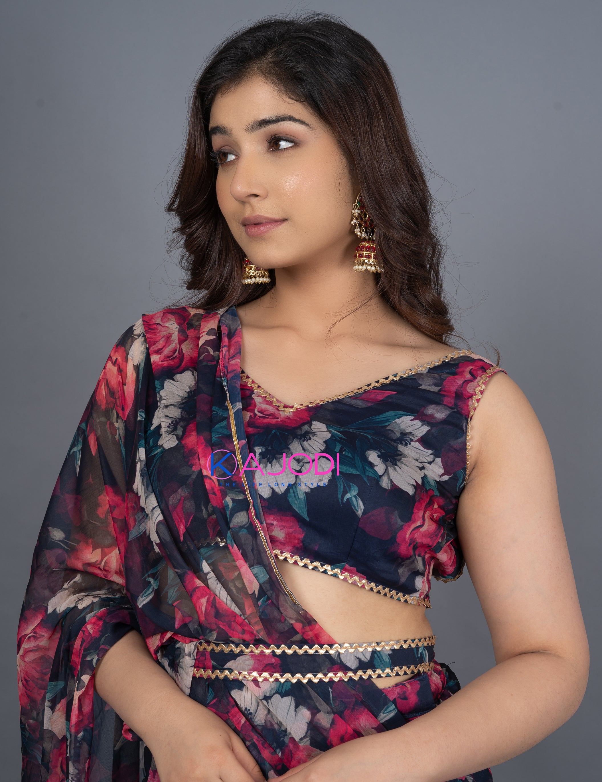 Black Ruffle Chiffon Saree Set