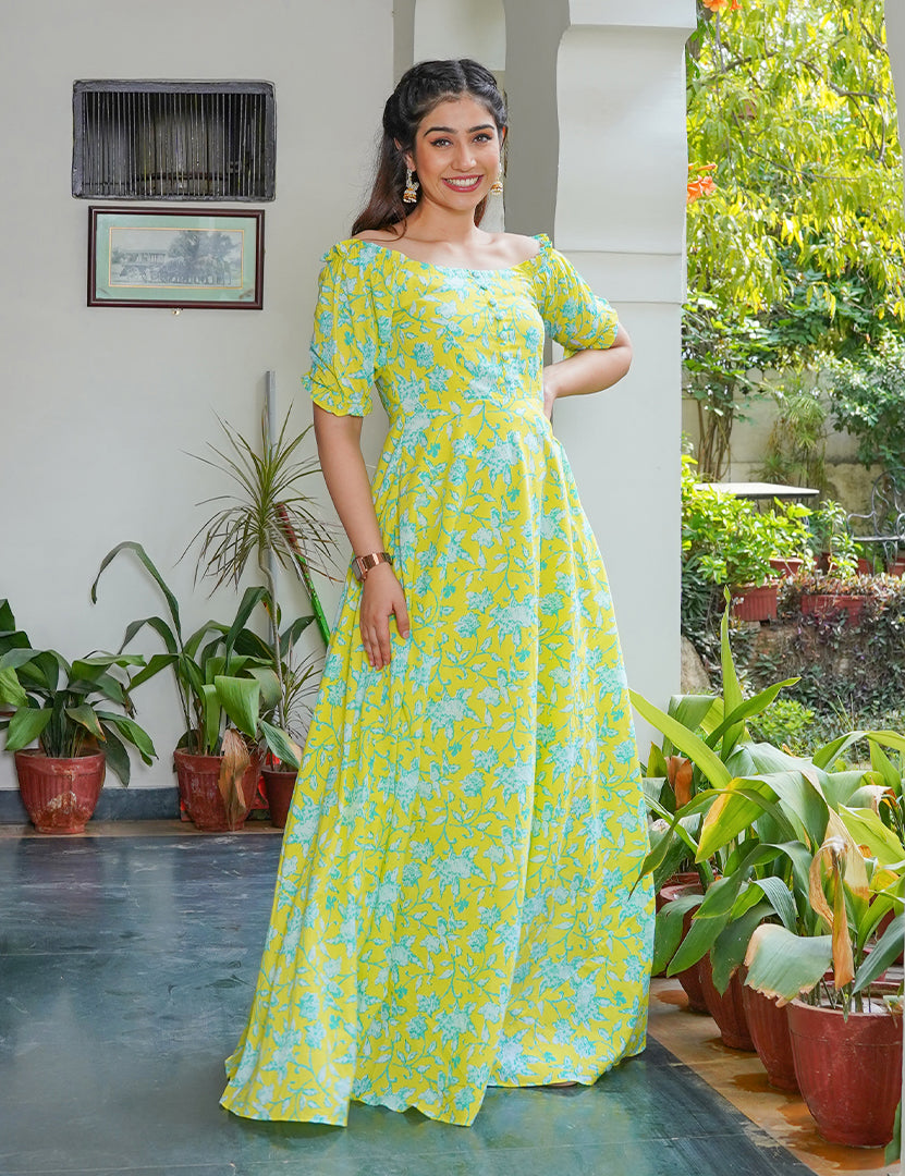 Georgette Floral Print Long Flair and Frill Printed Gown, Full Sleeve at Rs  750/piece in Surat