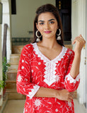 Red Kajodi Cotton Embroidery Kurta with Pant(2 Nos in 1 Set)