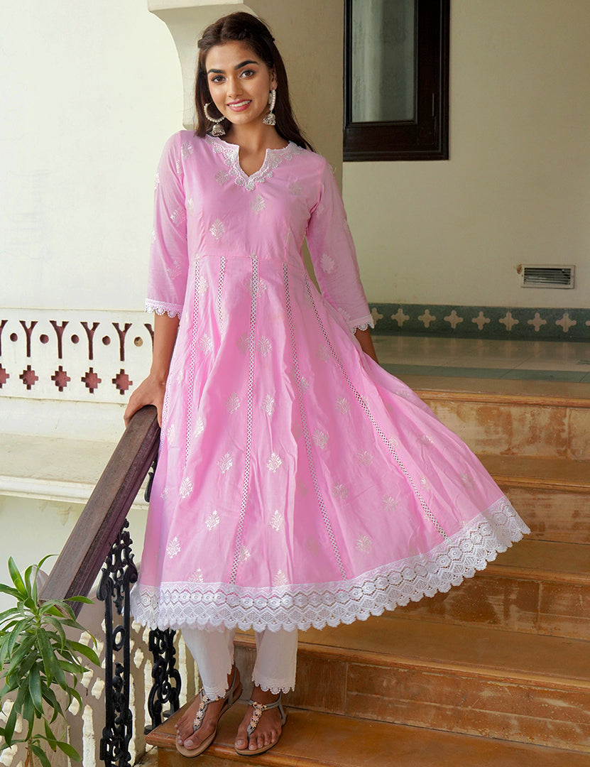 Light Pink Kajodi Cotton Embroidery Anarkali Kurta with Pant(2 Nos in Light Pink Kajodi Cotton Embroidery Anarkali Kurta with Pant(2 Nos in
