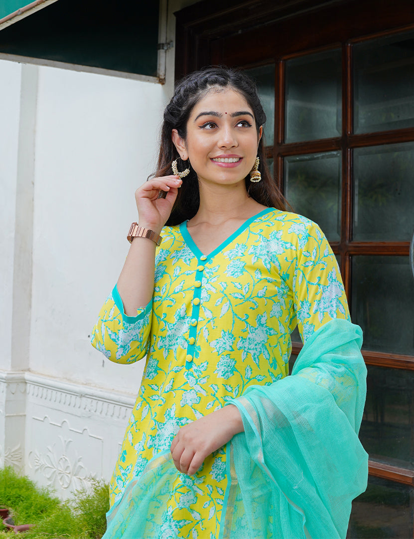 Firangi Green Kurta Pant With Dupatta Set (Three Nos in One Set)