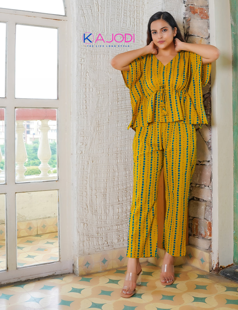 Cilory Nightwear Mustard Printed Dress (Two Nos in One Set)