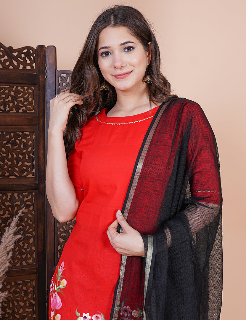 Red Hand Painted Kurta with Pant and Dupatta (3 Nos in 1 Set)