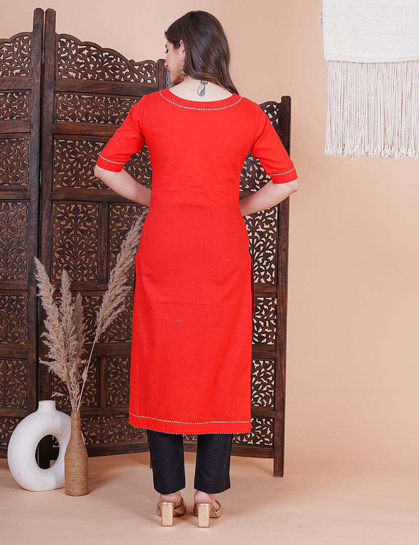Red Hand Painted Kurta with Pant and Dupatta (3 Nos in 1 Set)