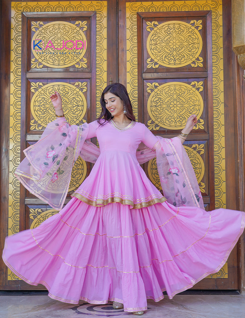 Glossy Pink Top with Tiered Skirt and Dupatta