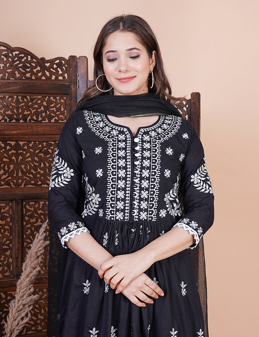 Black Embroidery Anarkali with Palazzo with Dupatta Sets