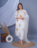 White Floral Kurta with Pant and Dupatta Sets (3 Nos in 1 Set)