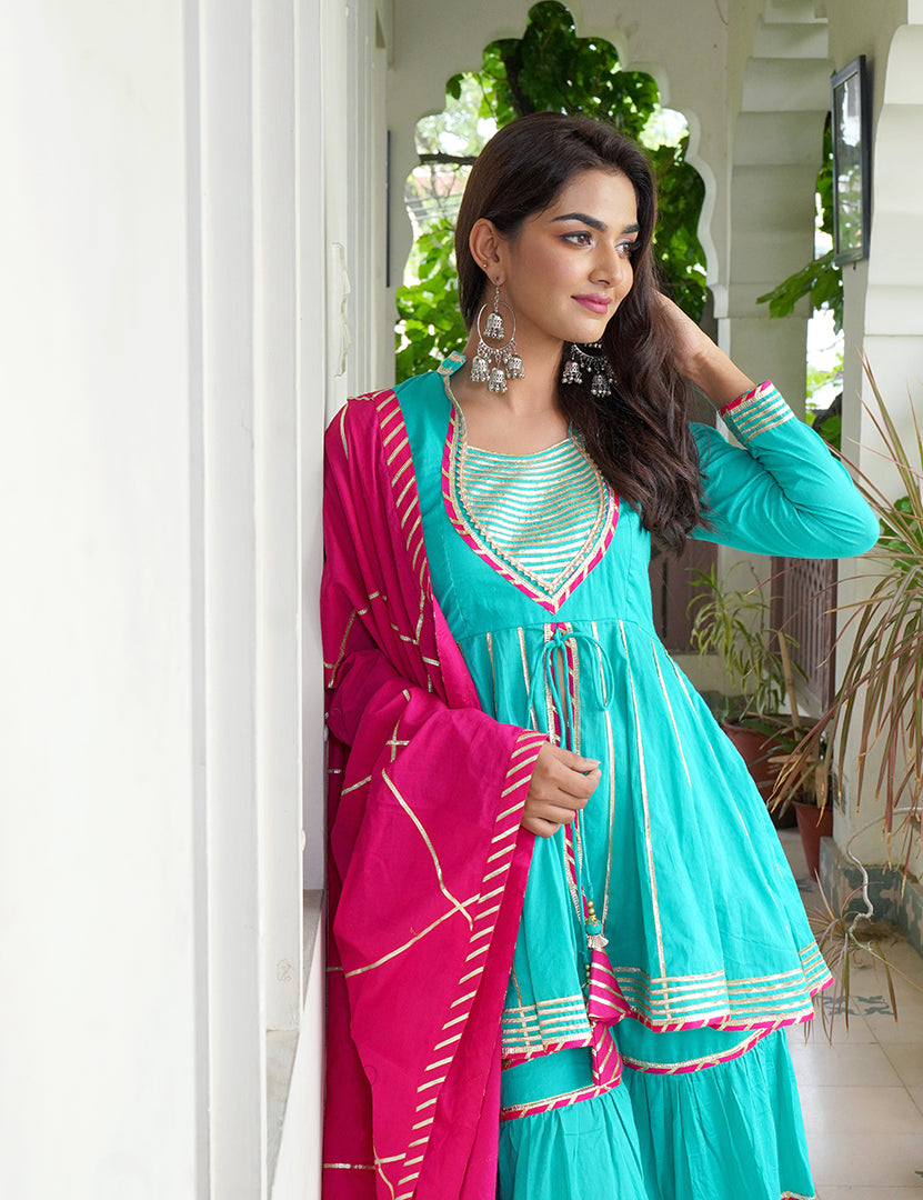 Turquoise Blue Kajodi Cotton Gharara with Pink Dupatta (3 Nos in 1 Set