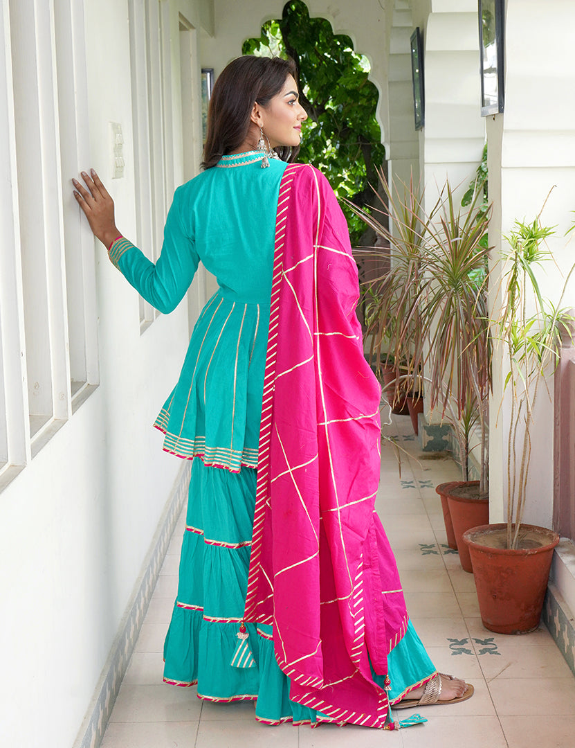 Turquoise Blue Kajodi Cotton Gharara with Pink Dupatta (3 Nos in 1 Set)