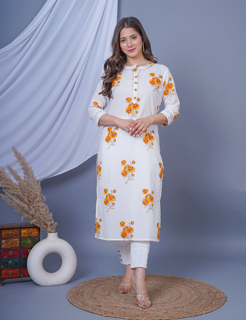 White Floral Kurta with Pant and Dupatta Sets (3 Nos in 1 Set)