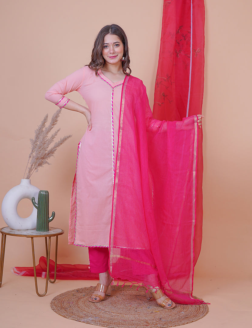 Peach Solid Long Kurta with Pant and Dupatta (3 Nos in 1 Set)