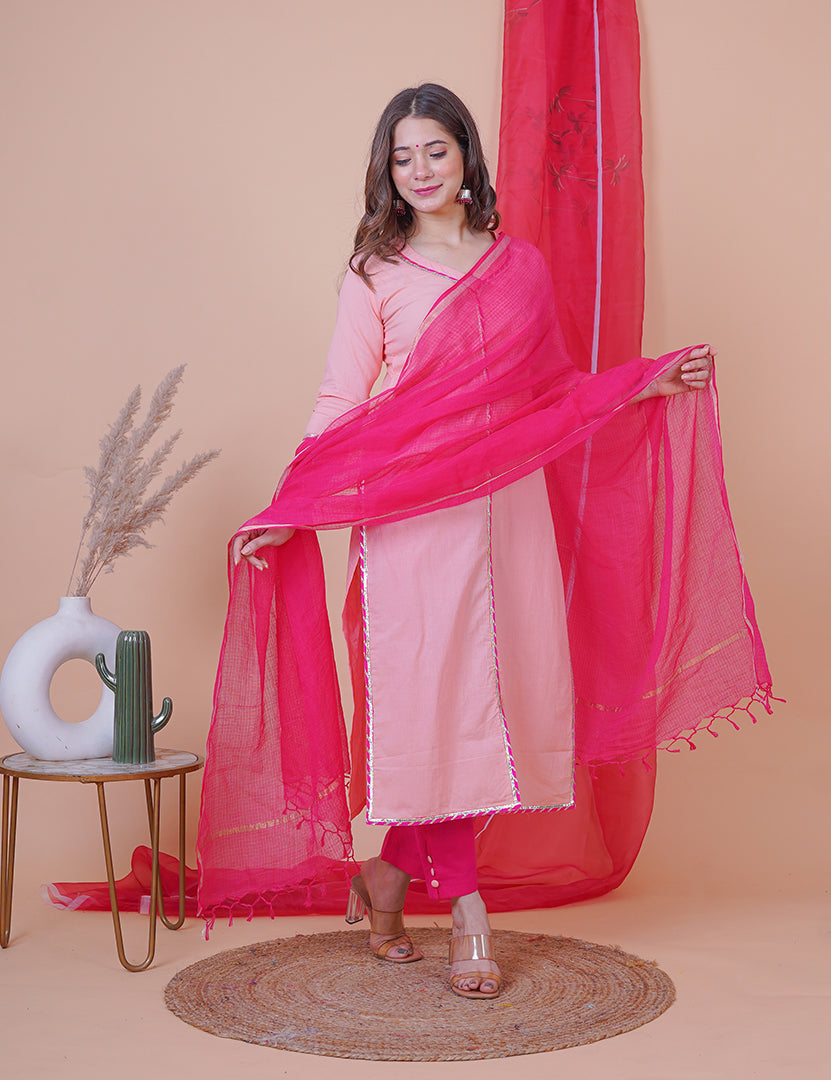 Peach Solid Long Kurta with Pant and Dupatta (3 Nos in 1 Set)