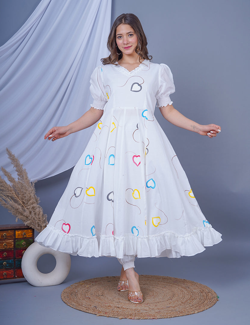 Rainbow White Dress with Pant and Dupatta Sets (3Nos in 1Set)