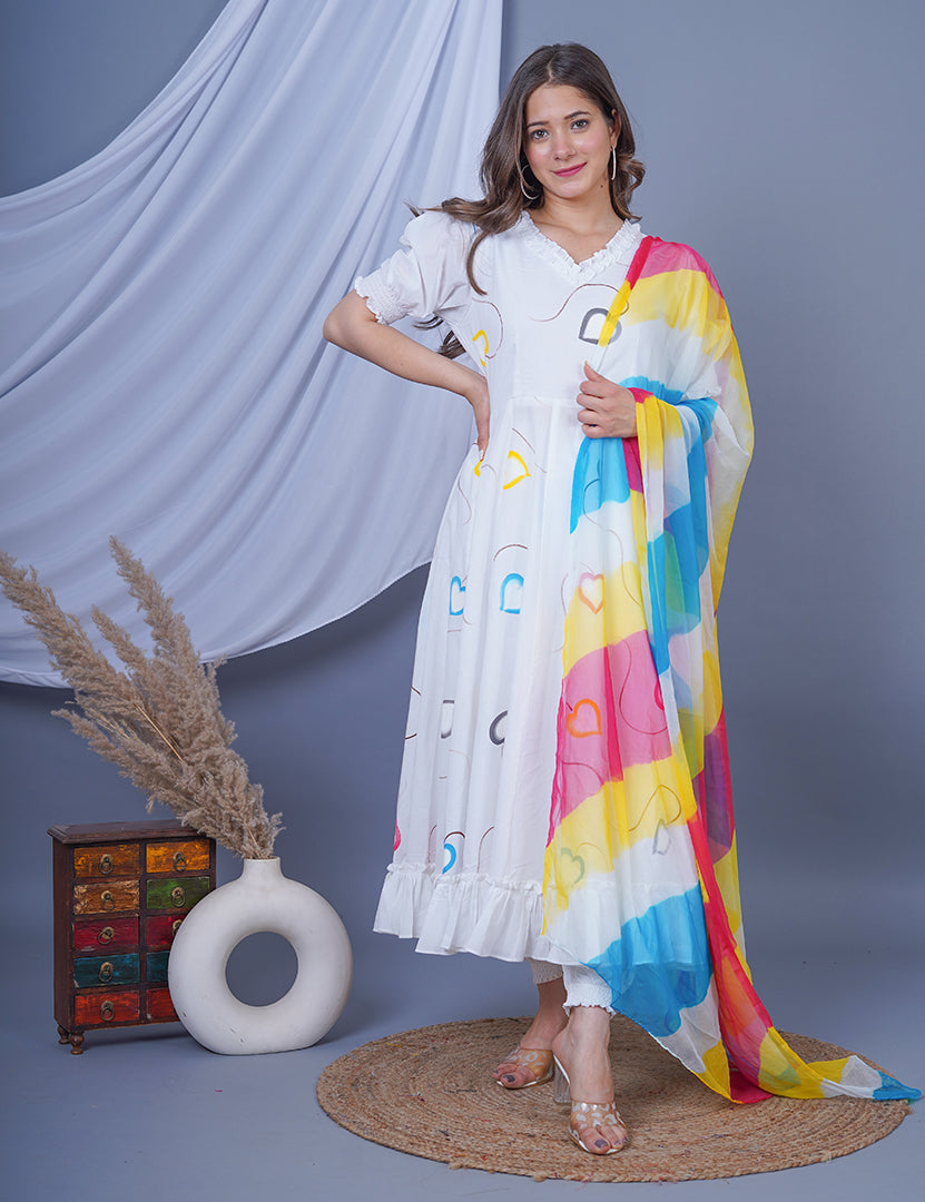 Rainbow White Dress with Pant and Dupatta Sets (3Nos in 1Set)