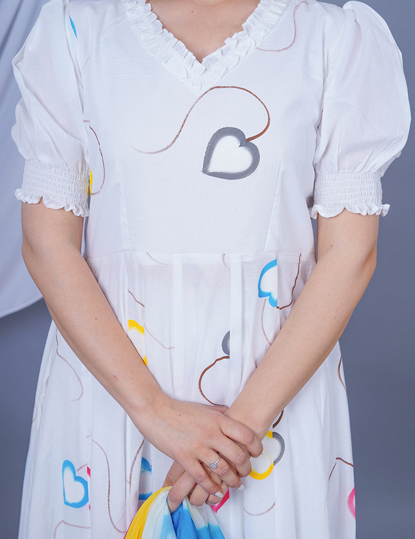 Rainbow White Dress with Pant and Dupatta Sets (3Nos in 1Set)