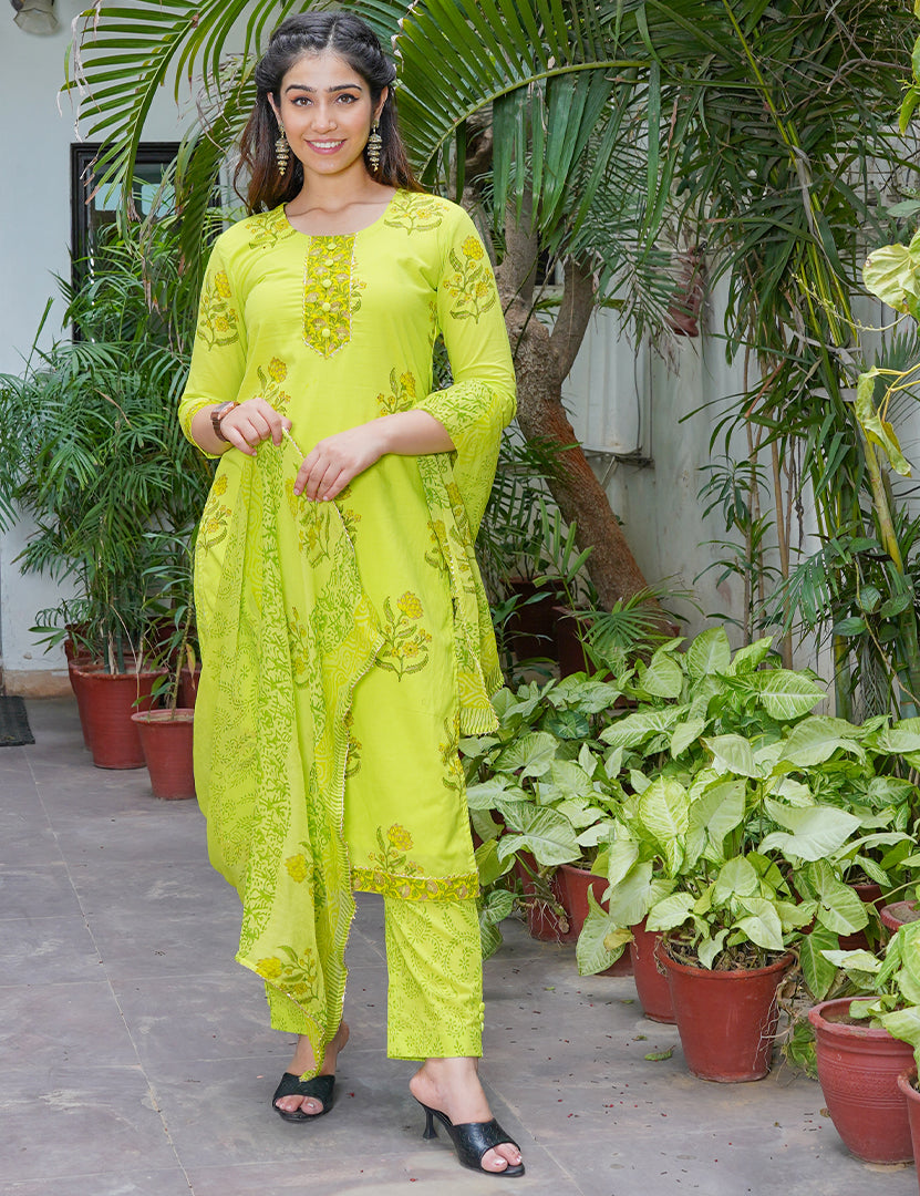 Alina Lime Green Kurta Pant with Dupatta Set (3 Nos in One Set)