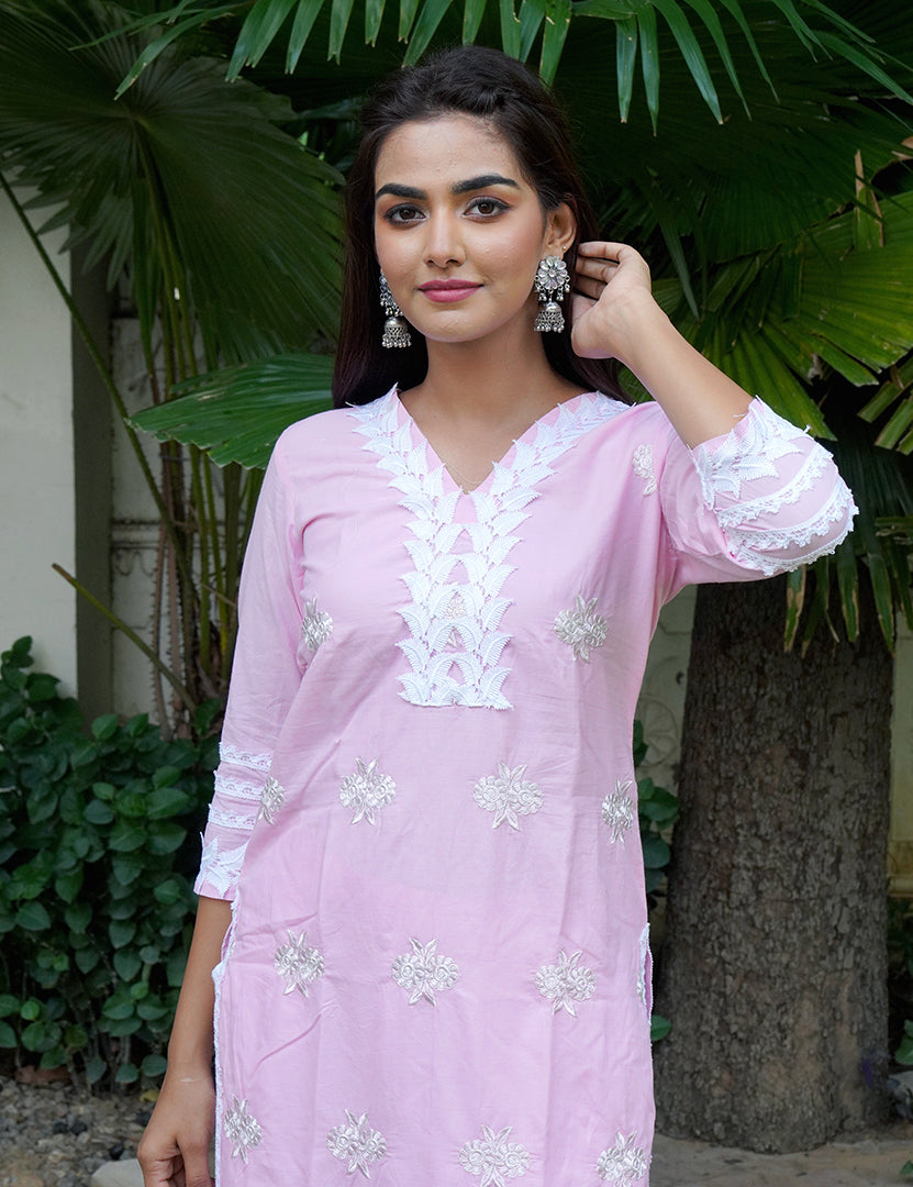Light Pink Kajodi Cotton Embroidery Kurta with Pant(2 Nos in 1 Set)