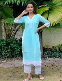 Sea Blue  Kajodi Cotton Embroidery Kurta with Pant(2 Nos in 1 Set)