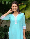 Sea Blue  Kajodi Cotton Embroidery Kurta with Pant(2 Nos in 1 Set)