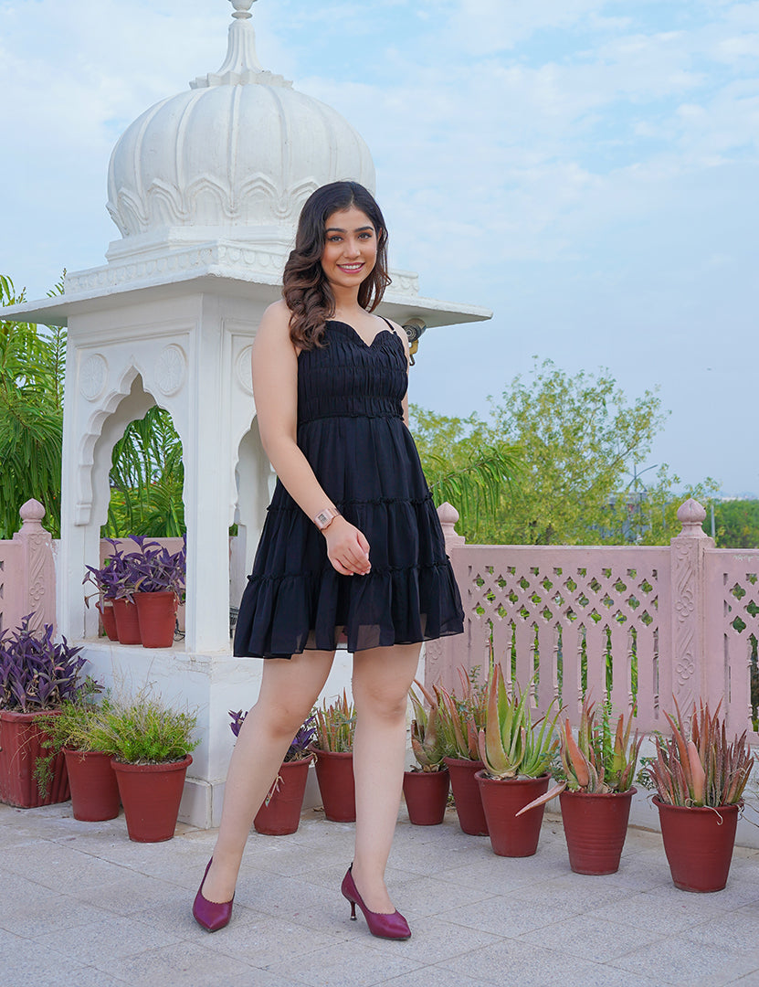 Black Shine Georgette Short Dress