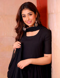 Black Cotton Anarkali Dress with Pant and Dupatta (3 Nos in 1 Set)