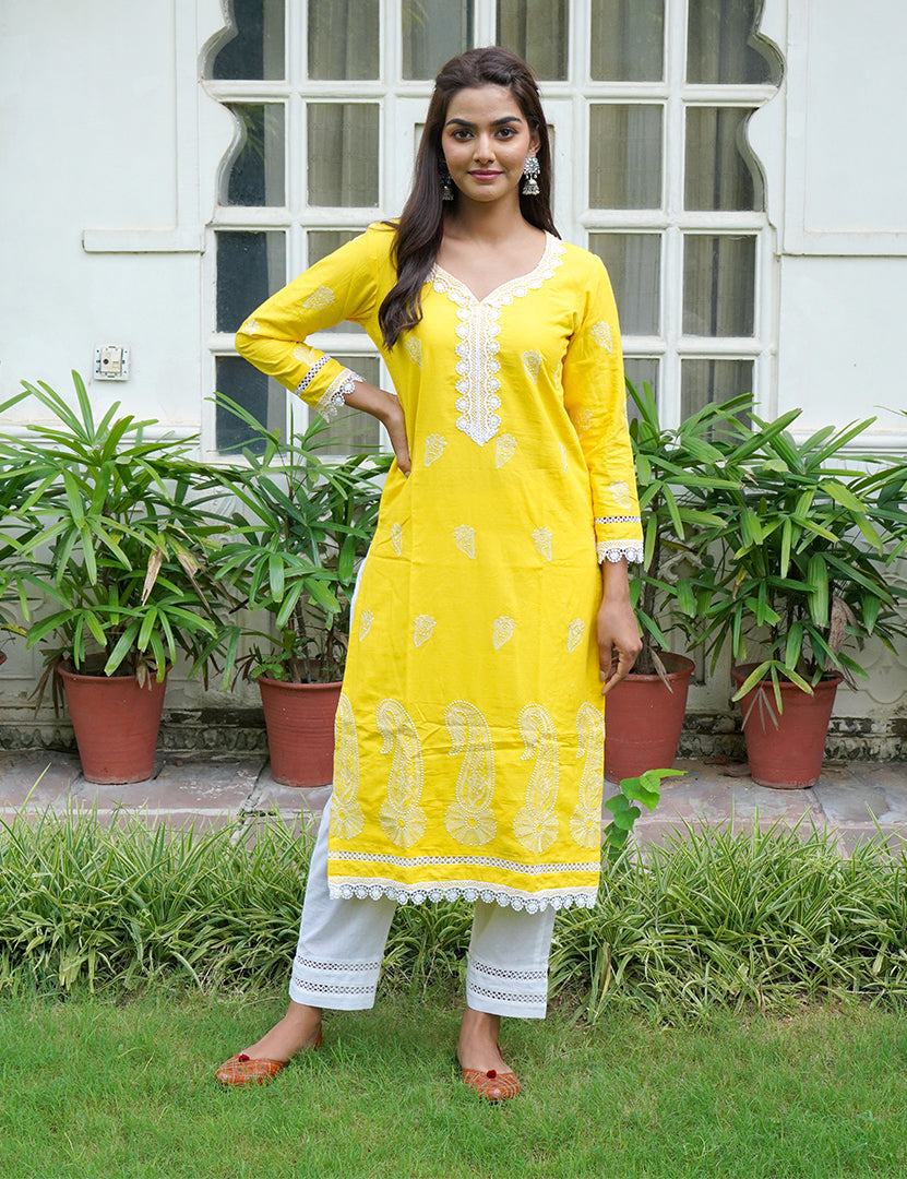 Turmeric Kajodi Cotton Embroidery Kurta with Pant(2 Nos in 1 Set)