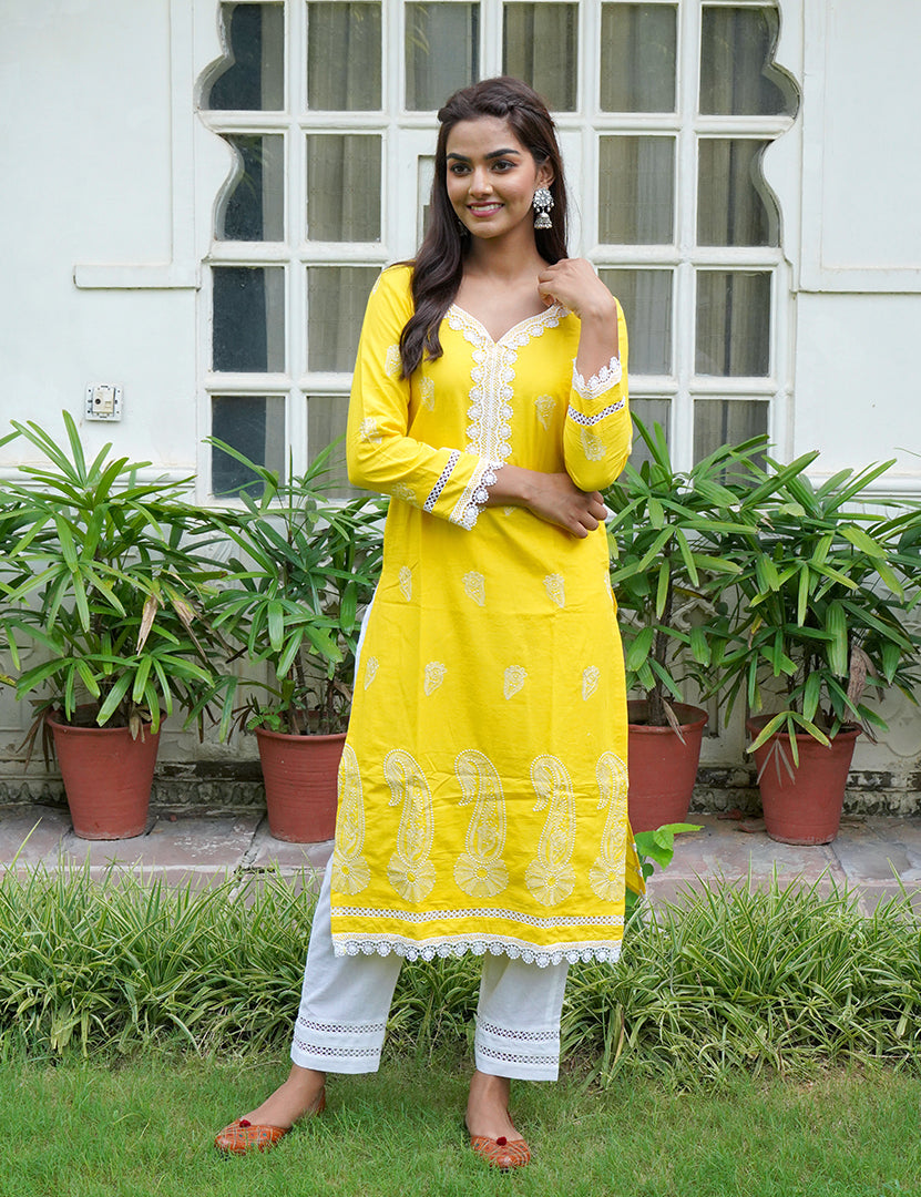 Turmeric Kajodi Cotton Embroidery Kurta with Pant(2 Nos in 1 Set)