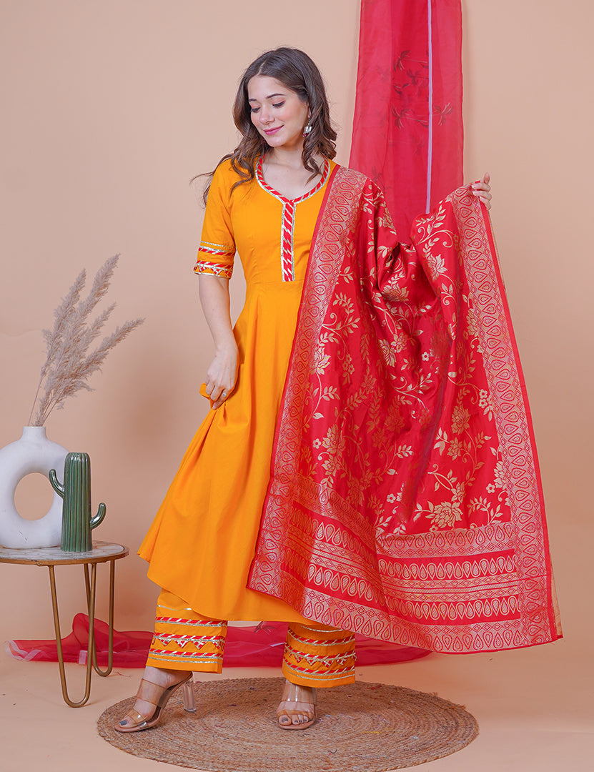 Yellow Sophia Long Dress with Dupatta (3 Nos in 1 Set)