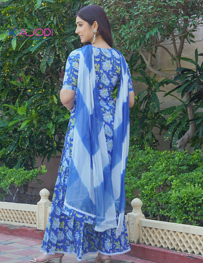 Blue Cotton Sharara Suit with Dupatta Set