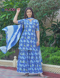Blue Cotton Sharara Suit with Dupatta Set