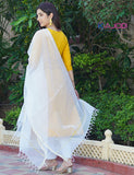 Mustard White Embroidered Long Kurta Pant with Dupatta Set