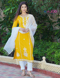 Mustard White Embroidered Long Kurta Pant with Dupatta Set