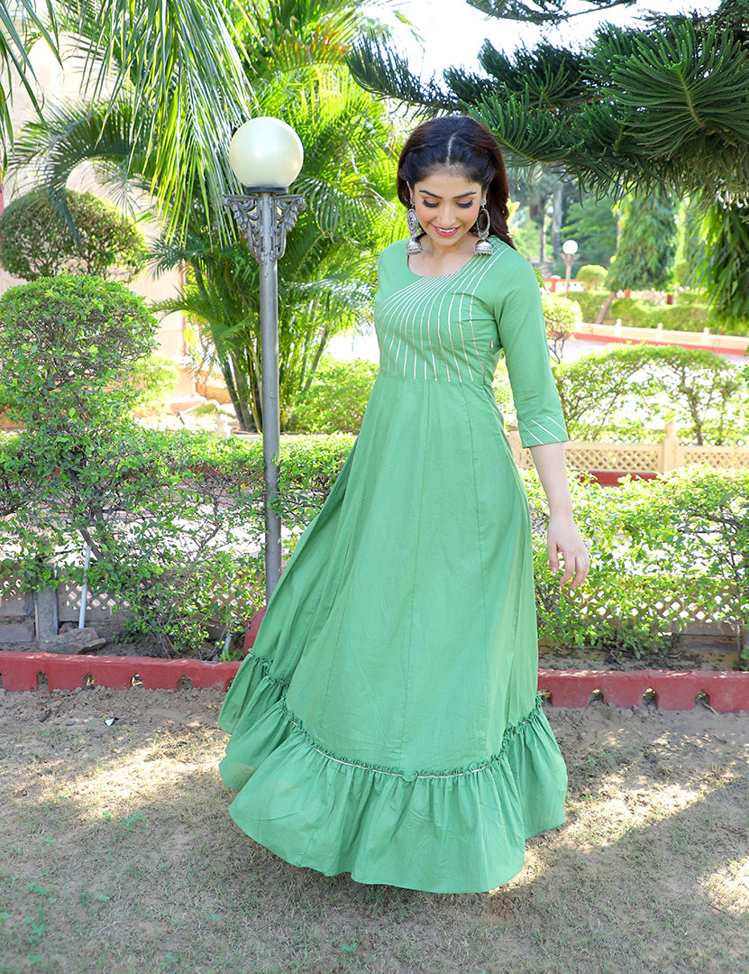 Green Anarkali Tier Dress With Dupatta(2 Nos in 1 Set)