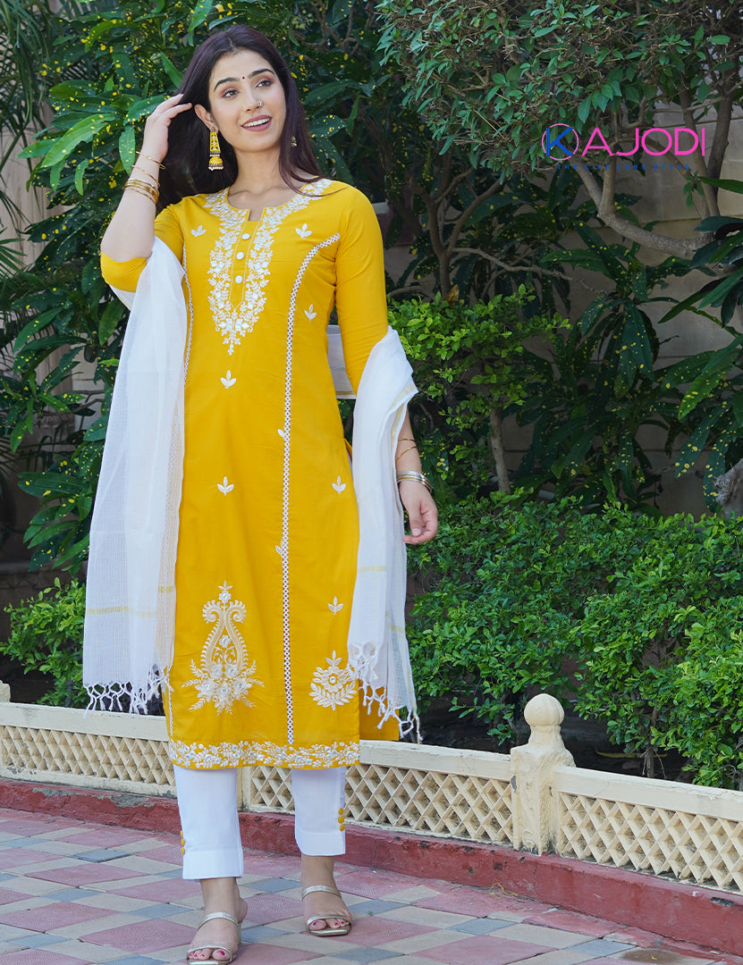 Mustard White Embroidered Long Kurta Pant with Dupatta Set