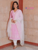 Pink White Embroidered Long Kurta Pant with Dupatta Set
