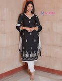 Black White Embroidered Long Kurta Pant with Dupatta Set