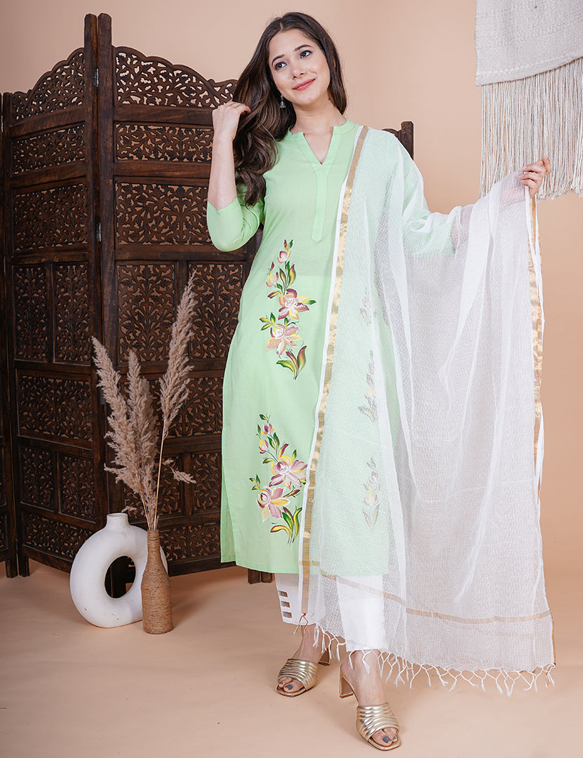 Green Hand Painted Kurta with Pant and Dupatta (3 Nos in 1 Set)