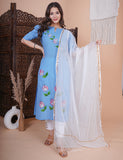 Blue Hand Painted Kurta with Pant and Dupatta (3 Nos in 1 Set)