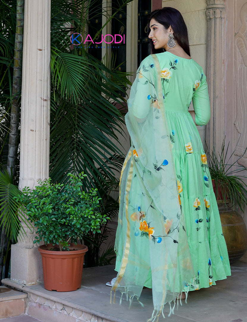 Sunshine Green Floral Dress With Dupatta (2 Nos in 1 Set)