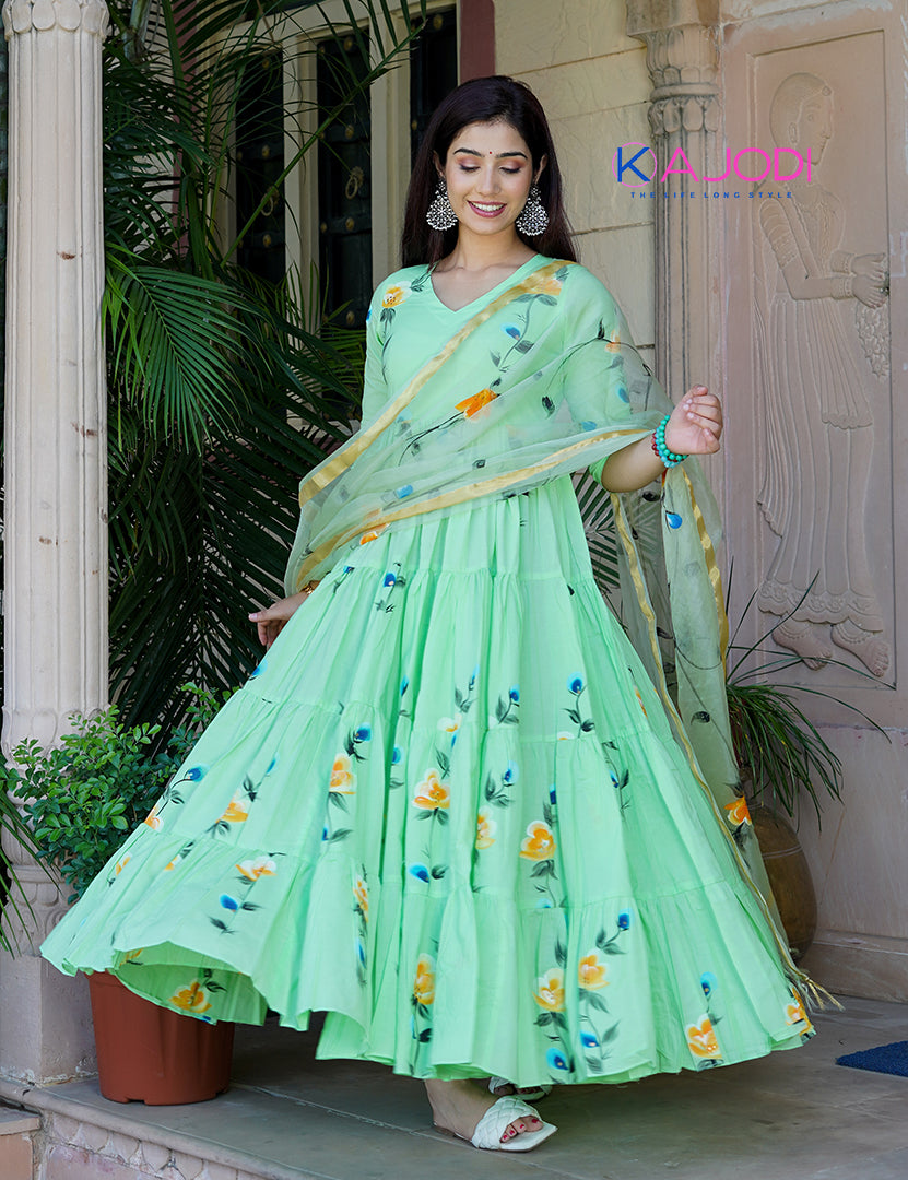 Sunshine Green Floral Dress With Dupatta (2 Nos in 1 Set)