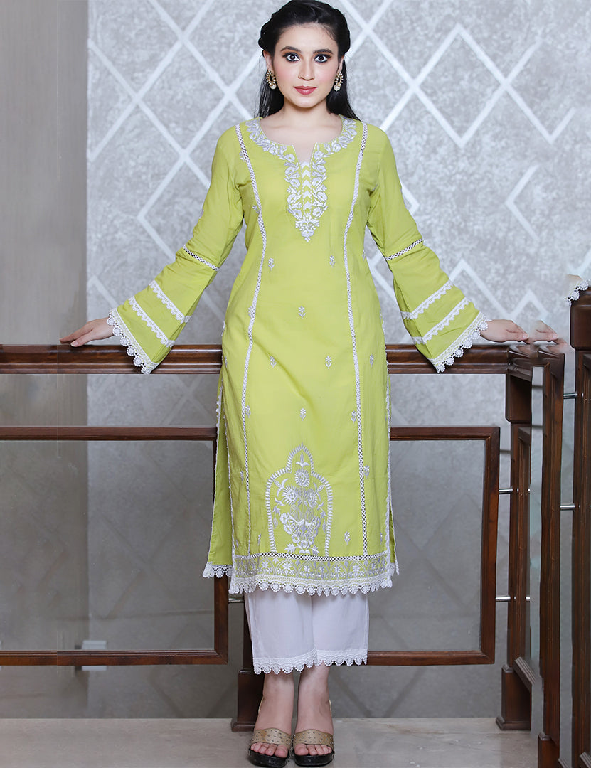 Green Kajodi Pretty Cotton Embroidery Kurta with Pant(2 Nos in 1 Set)