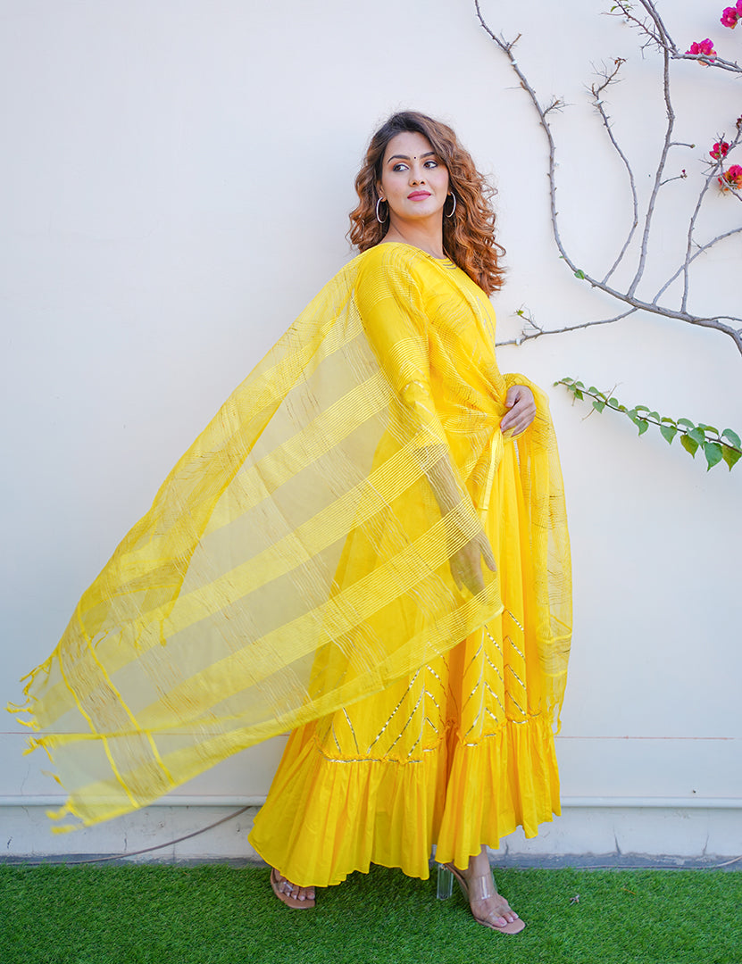 Yellow Anarkali Tier Dress With Dupatta (2 Nos in 1 Set)