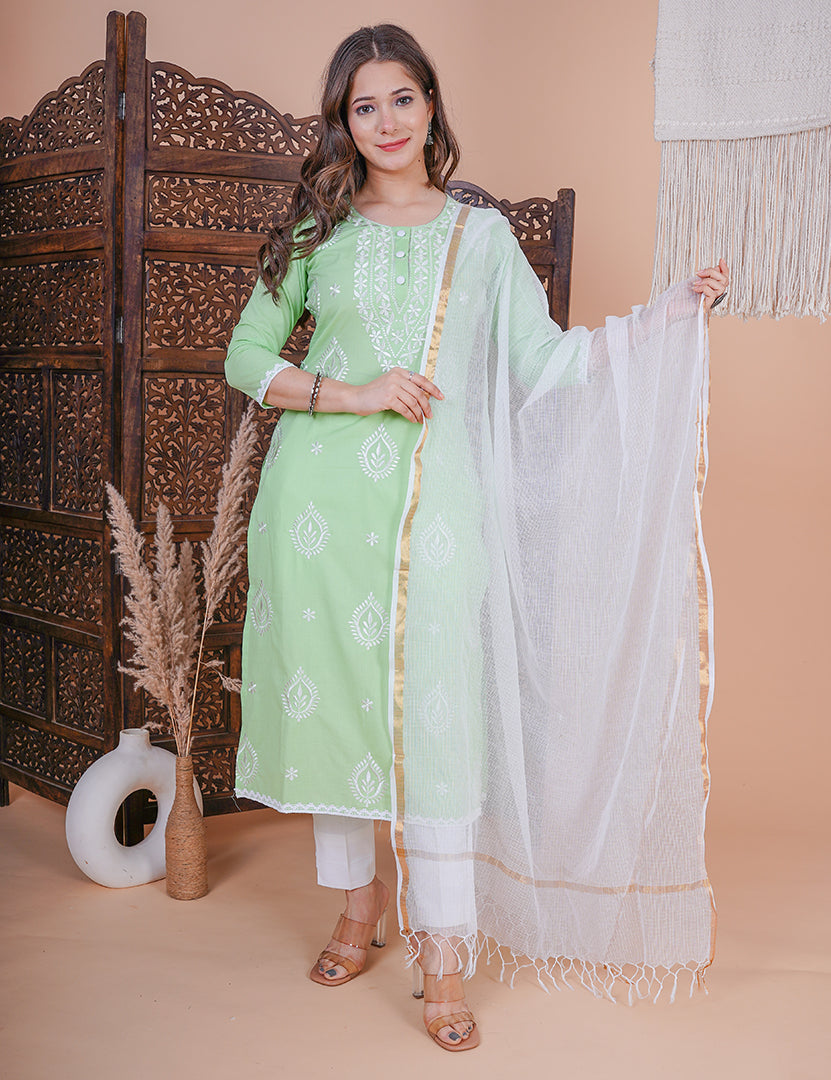 Light Green Embroidery Kurta With Pant and Dupatta (3 Nos in 1 Set)